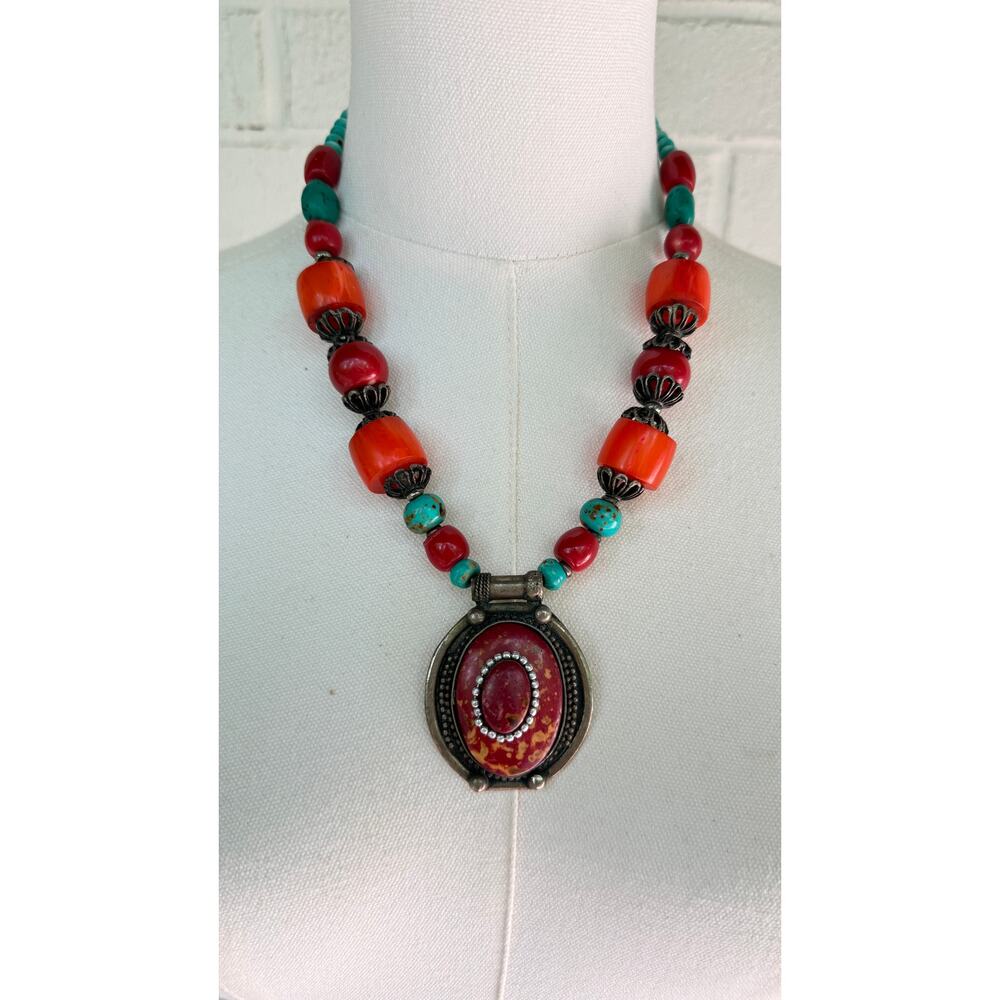 Southwestern Boho Statement Necklace Red Coral Turquoise Tibetan Pendant